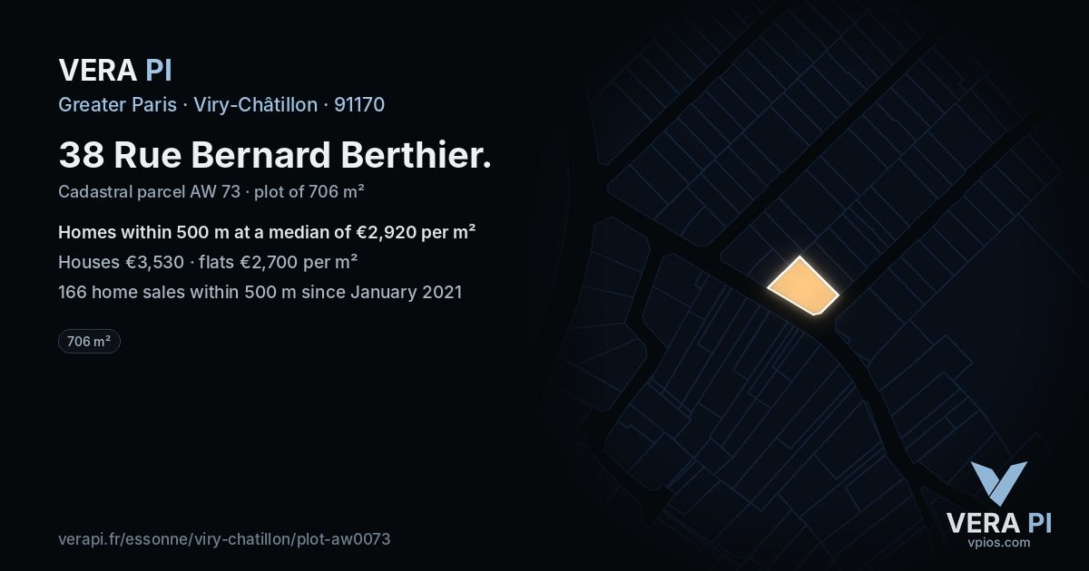 38 Rue Bernard Berthier, Viry-Châtillon at night – the plot lit, the parcels around coloured by the prices near them