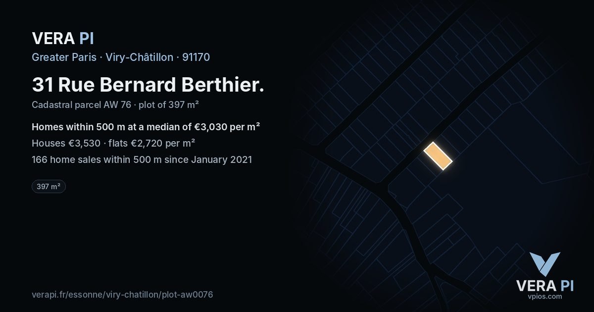 31 Rue Bernard Berthier, Viry-Châtillon at night – the plot lit, the parcels around coloured by the prices near them