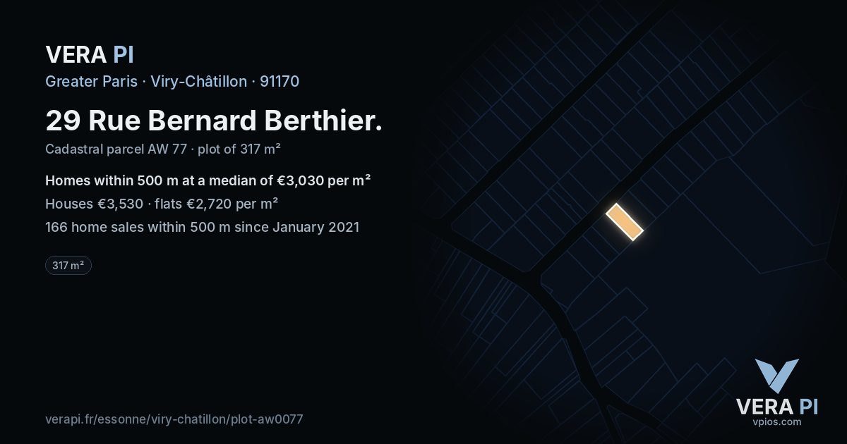 29 Rue Bernard Berthier, Viry-Châtillon at night – the plot lit, the parcels around coloured by the prices near them