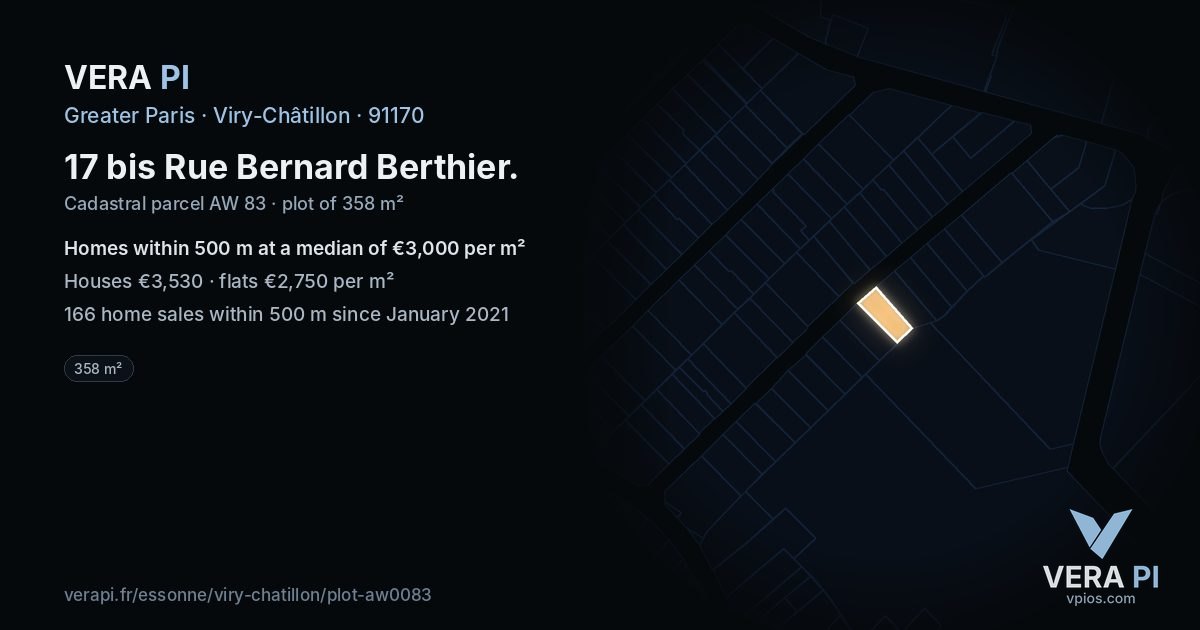 17 bis Rue Bernard Berthier, Viry-Châtillon at night – the plot lit, the parcels around coloured by the prices near them