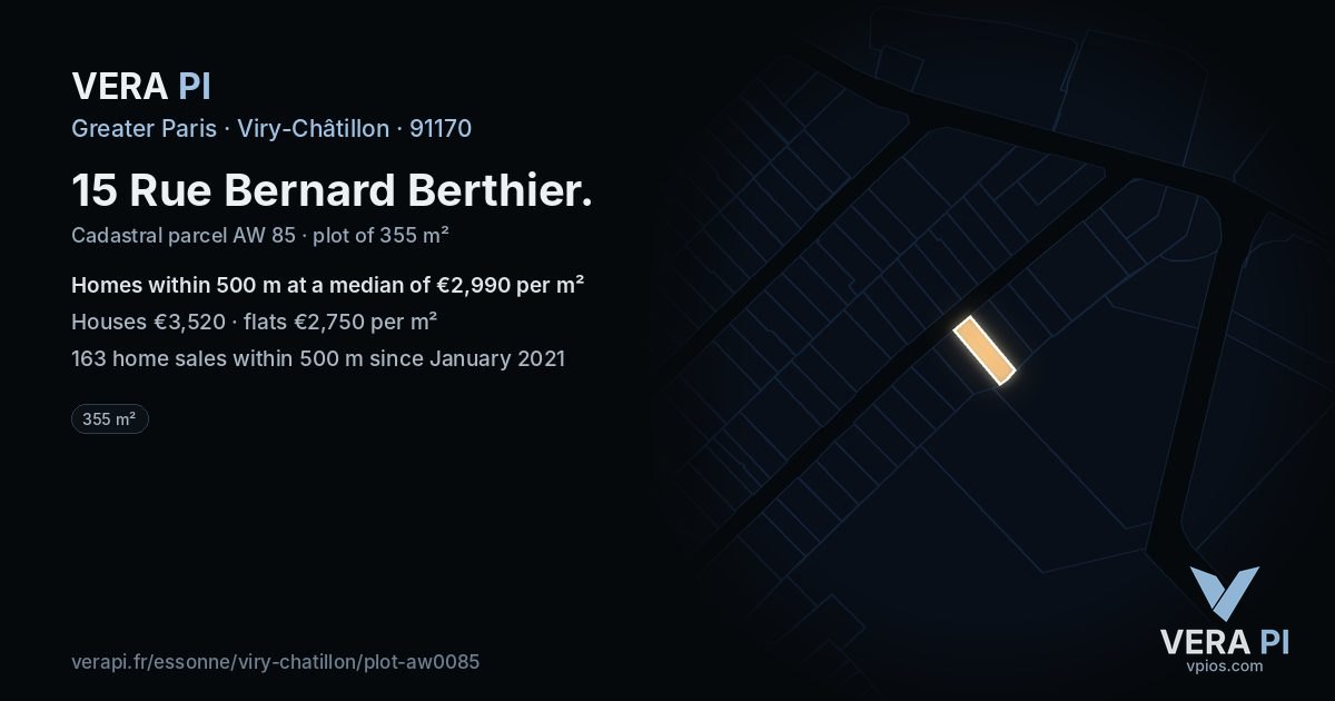 15 Rue Bernard Berthier, Viry-Châtillon at night – the plot lit, the parcels around coloured by the prices near them