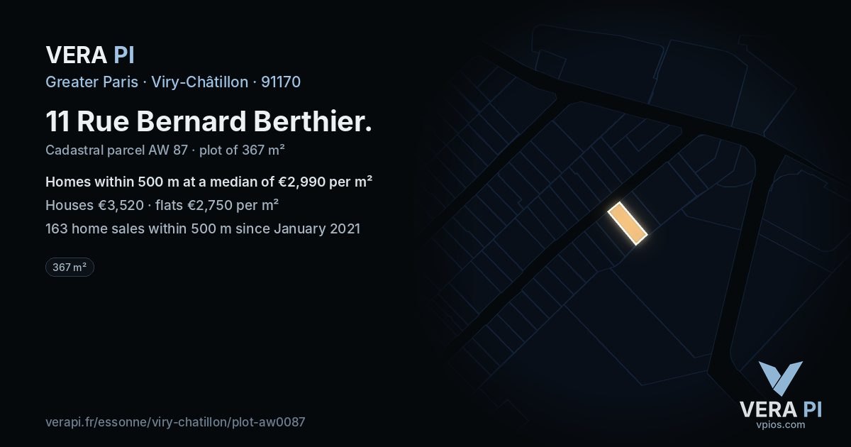 11 Rue Bernard Berthier, Viry-Châtillon at night – the plot lit, the parcels around coloured by the prices near them