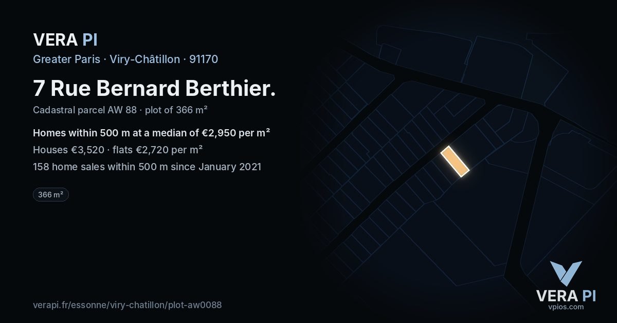 7 Rue Bernard Berthier, Viry-Châtillon at night – the plot lit, the parcels around coloured by the prices near them