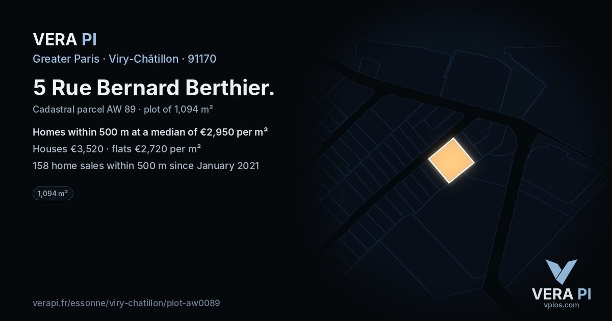 5 Rue Bernard Berthier, Viry-Châtillon at night – the plot lit, the parcels around coloured by the prices near them