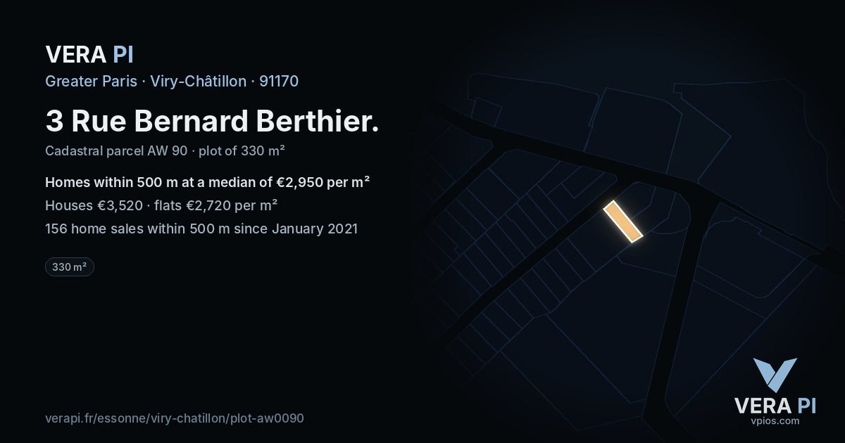 3 Rue Bernard Berthier, Viry-Châtillon at night – the plot lit, the parcels around coloured by the prices near them