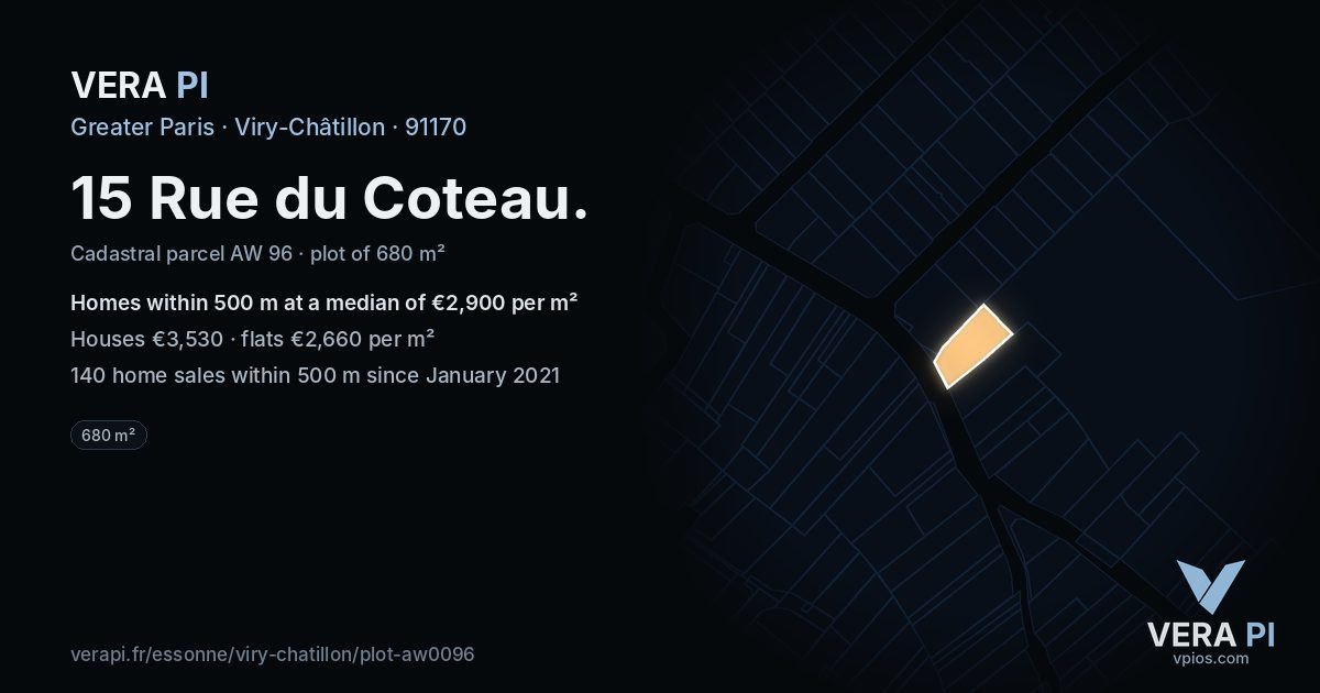 15 Rue du Coteau, Viry-Châtillon at night – the plot lit, the parcels around coloured by the prices near them