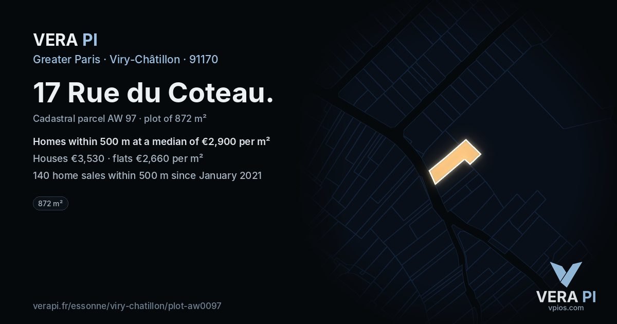 17 Rue du Coteau, Viry-Châtillon at night – the plot lit, the parcels around coloured by the prices near them