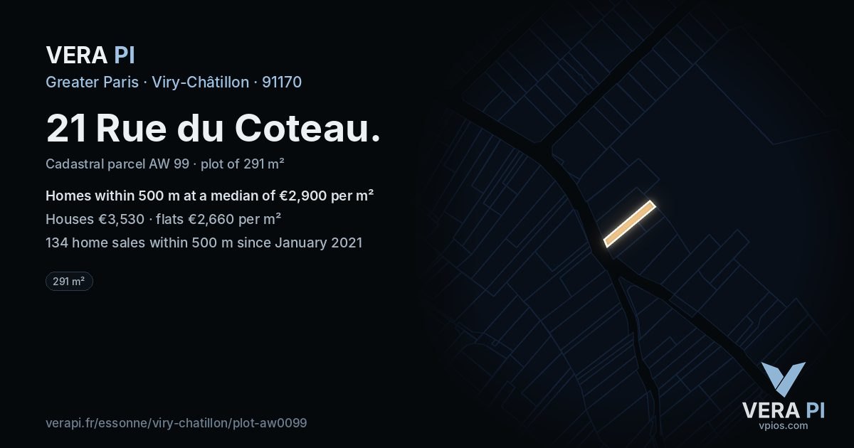 21 Rue du Coteau, Viry-Châtillon at night – the plot lit, the parcels around coloured by the prices near them