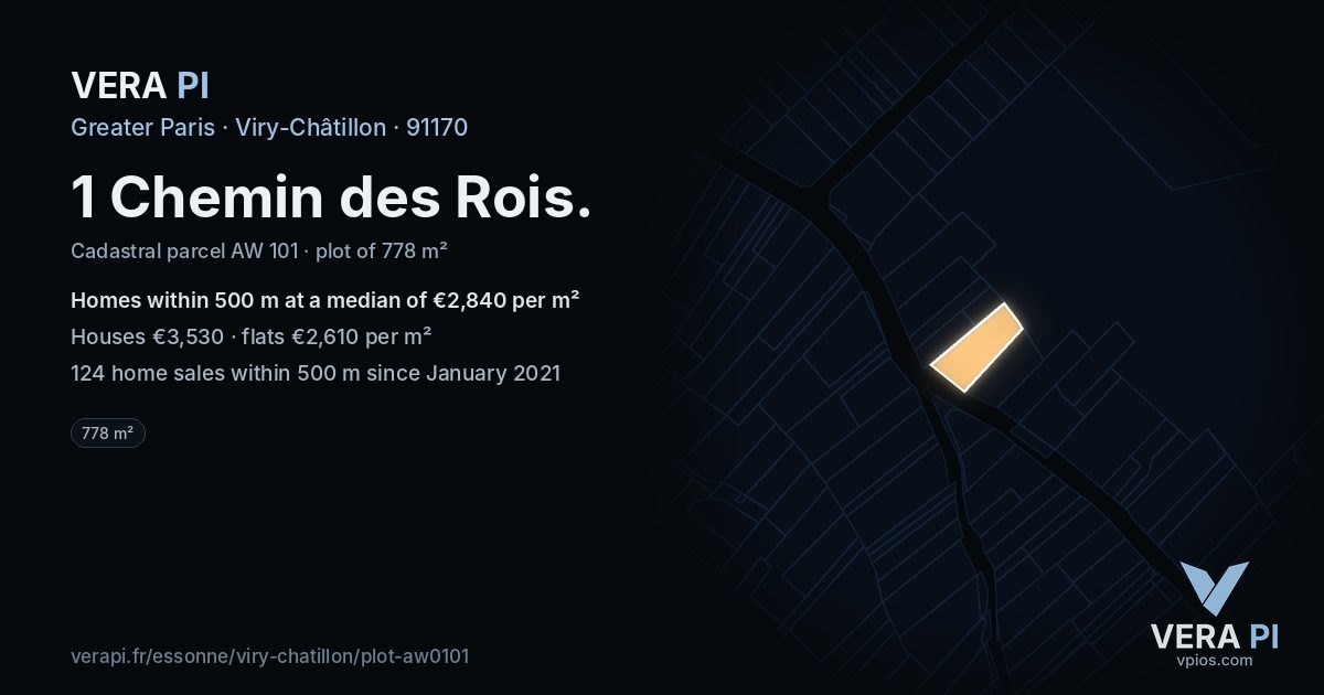 1 Chemin des Rois, Viry-Châtillon at night – the plot lit, the parcels around coloured by the prices near them