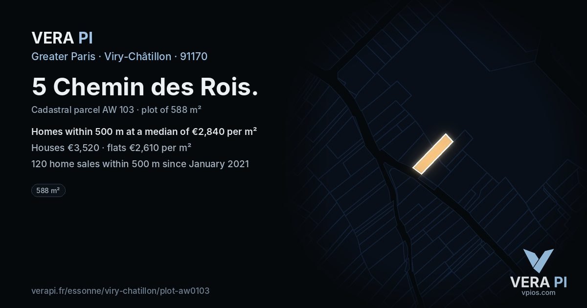 5 Chemin des Rois, Viry-Châtillon at night – the plot lit, the parcels around coloured by the prices near them