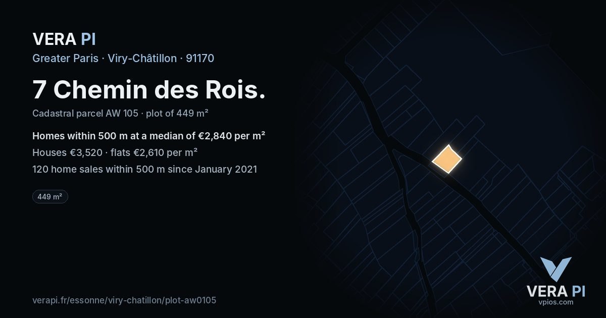 7 Chemin des Rois, Viry-Châtillon at night – the plot lit, the parcels around coloured by the prices near them