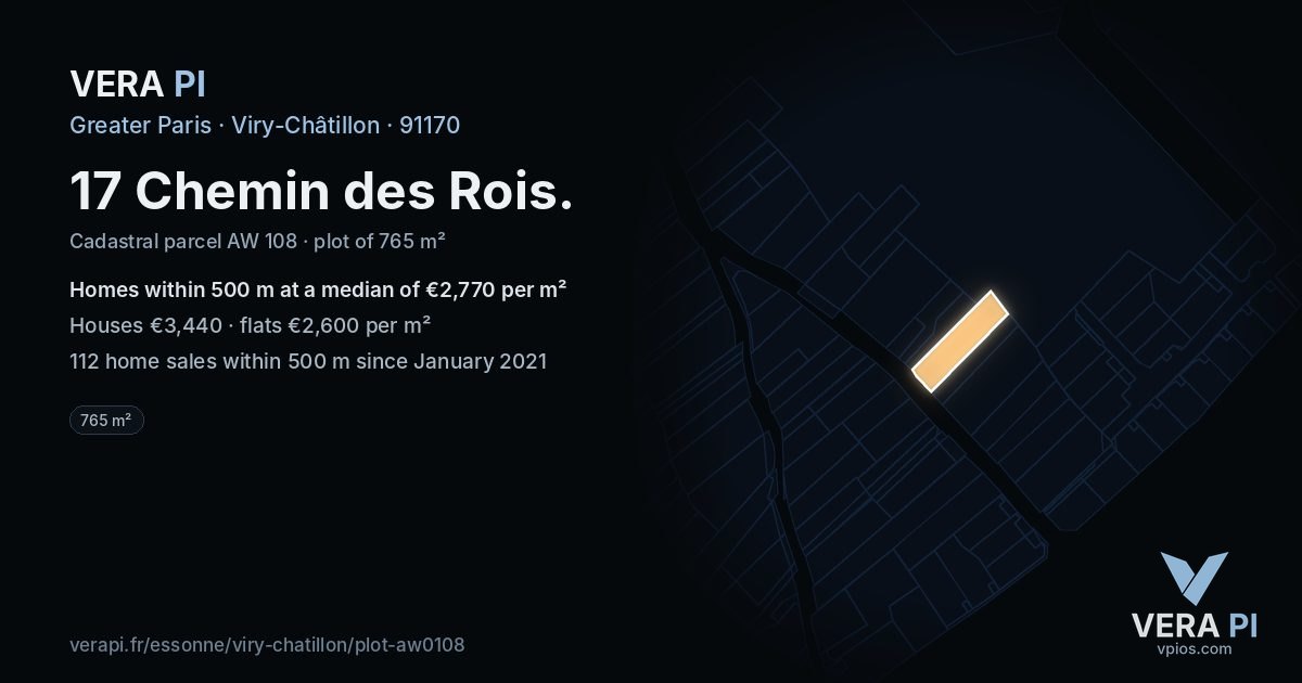 17 Chemin des Rois, Viry-Châtillon at night – the plot lit, the parcels around coloured by the prices near them
