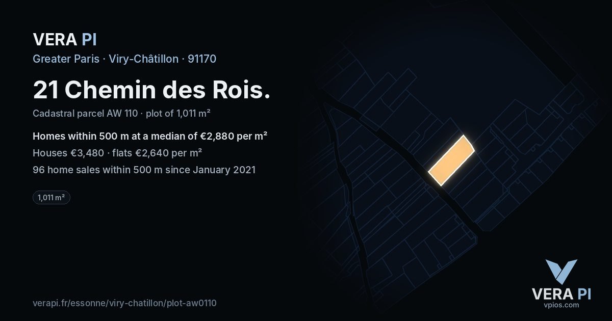 21 Chemin des Rois, Viry-Châtillon at night – the plot lit, the parcels around coloured by the prices near them