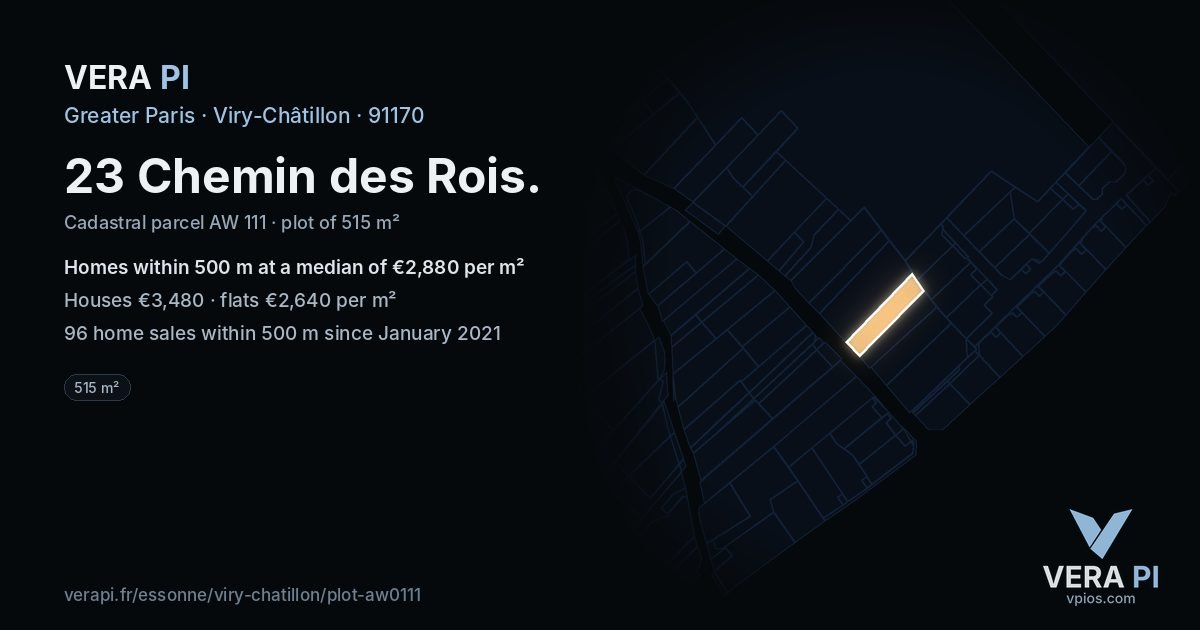 23 Chemin des Rois, Viry-Châtillon at night – the plot lit, the parcels around coloured by the prices near them
