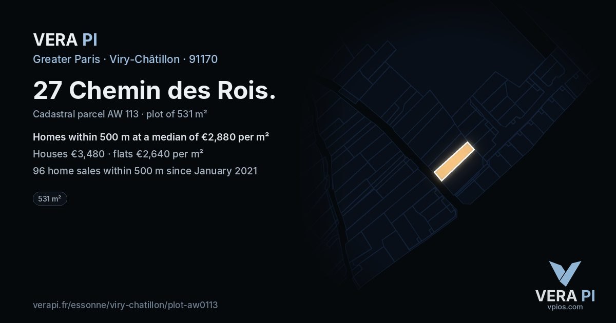 27 Chemin des Rois, Viry-Châtillon at night – the plot lit, the parcels around coloured by the prices near them
