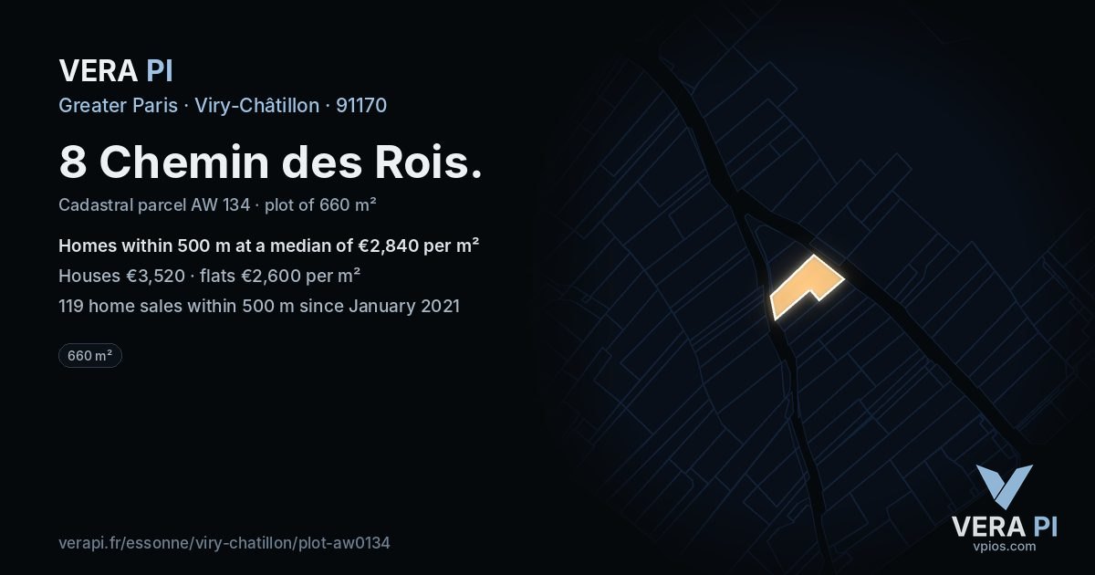 8 Chemin des Rois, Viry-Châtillon at night – the plot lit, the parcels around coloured by the prices near them
