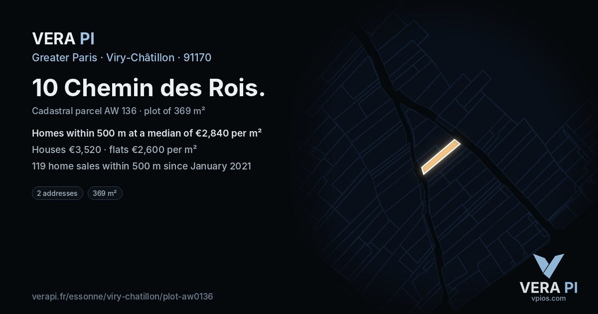 10 Chemin des Rois, Viry-Châtillon at night – the plot lit, the parcels around coloured by the prices near them