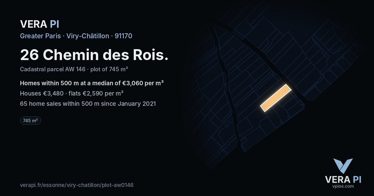 26 Chemin des Rois, Viry-Châtillon at night – the plot lit, the parcels around coloured by the prices near them