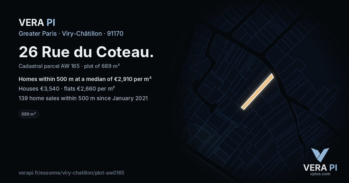 26 Rue du Coteau, Viry-Châtillon at night – the plot lit, the parcels around coloured by the prices near them