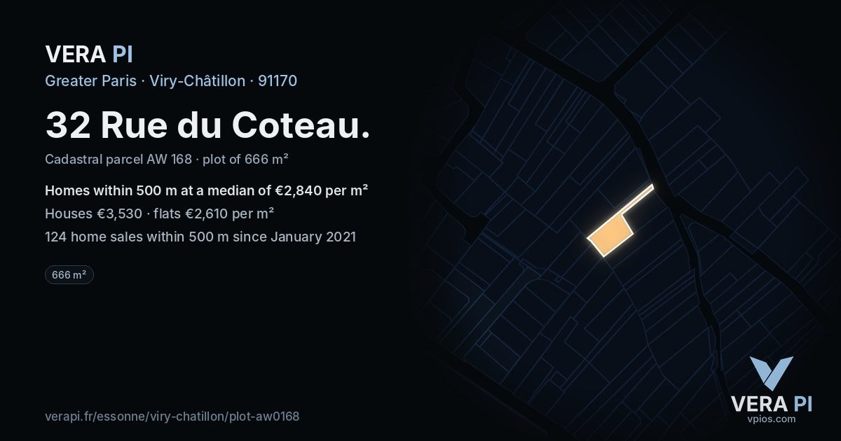 32 Rue du Coteau, Viry-Châtillon at night – the plot lit, the parcels around coloured by the prices near them