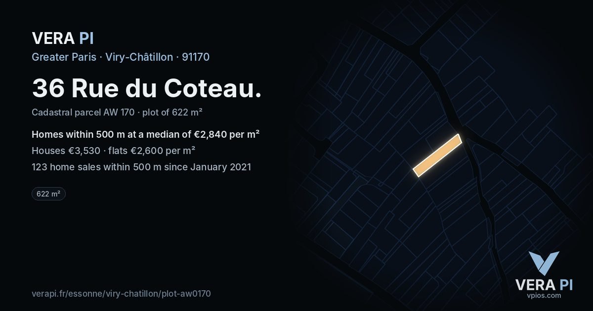 36 Rue du Coteau, Viry-Châtillon at night – the plot lit, the parcels around coloured by the prices near them