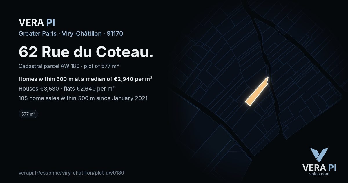 62 Rue du Coteau, Viry-Châtillon at night – the plot lit, the parcels around coloured by the prices near them