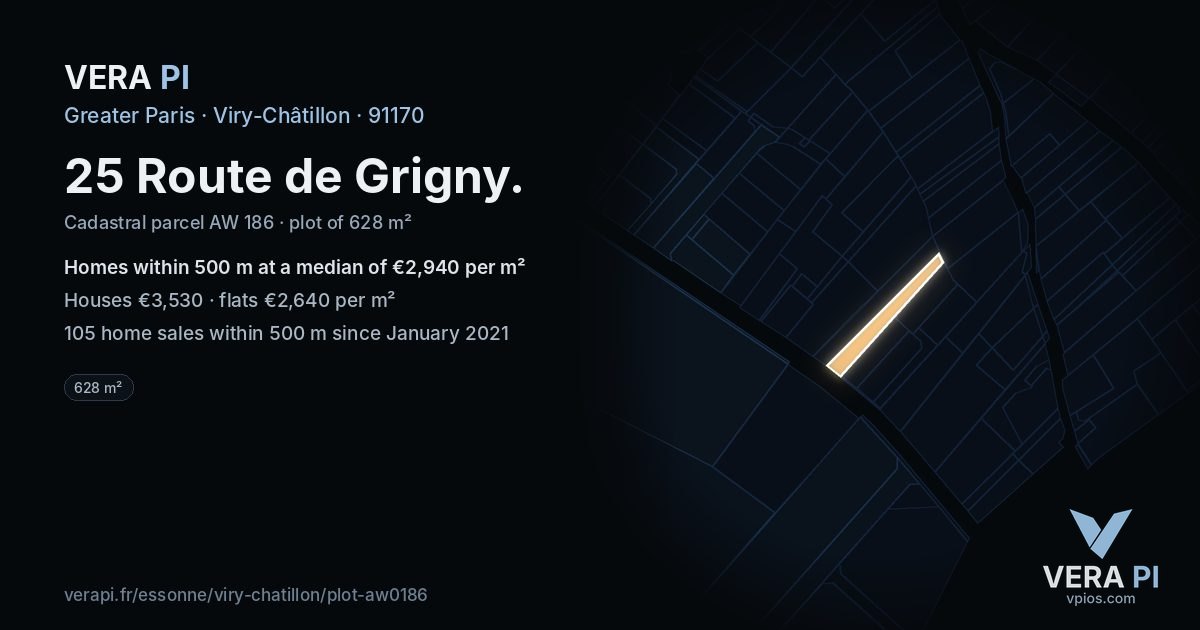 25 Route de Grigny, Viry-Châtillon at night – the plot lit, the parcels around coloured by the prices near them