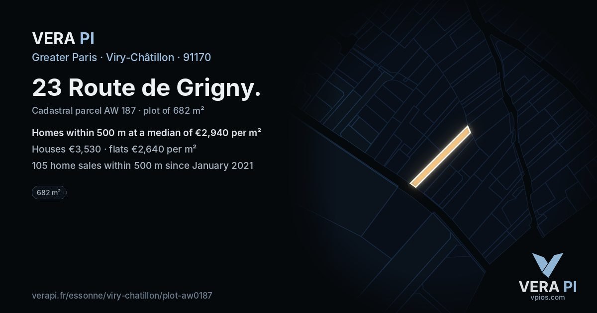23 Route de Grigny, Viry-Châtillon at night – the plot lit, the parcels around coloured by the prices near them