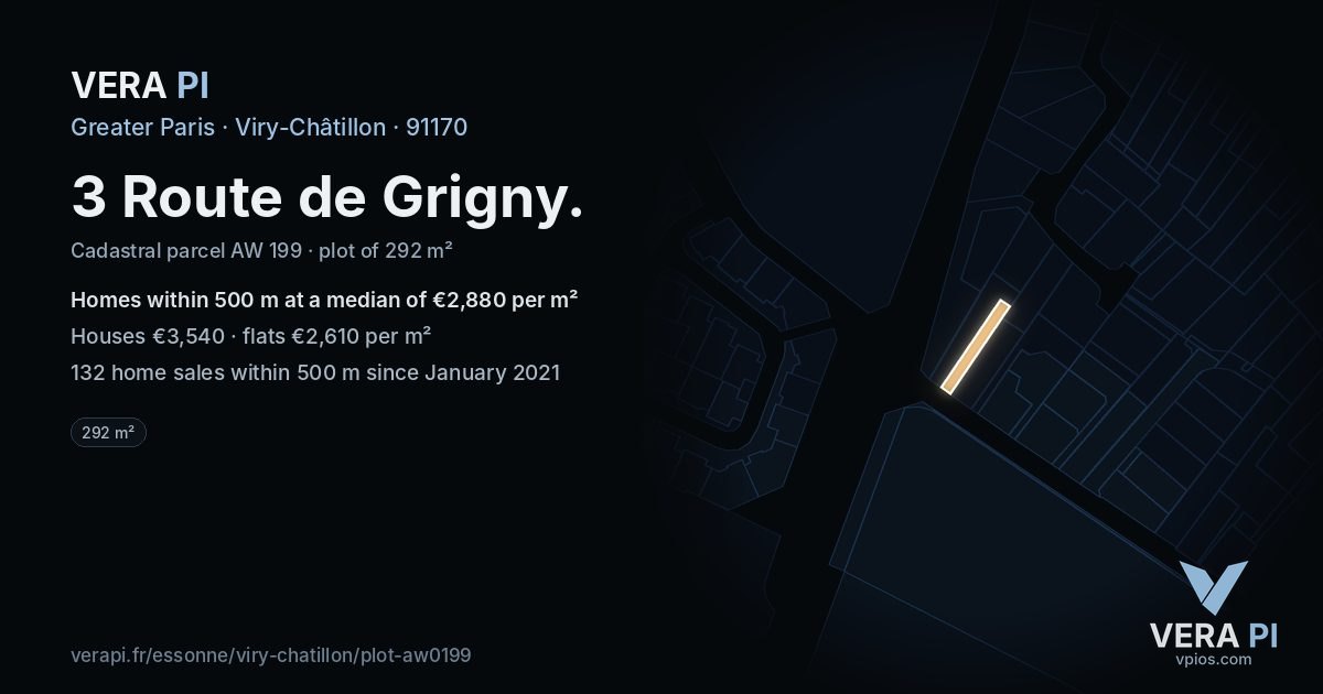 3 Route de Grigny, Viry-Châtillon at night – the plot lit, the parcels around coloured by the prices near them