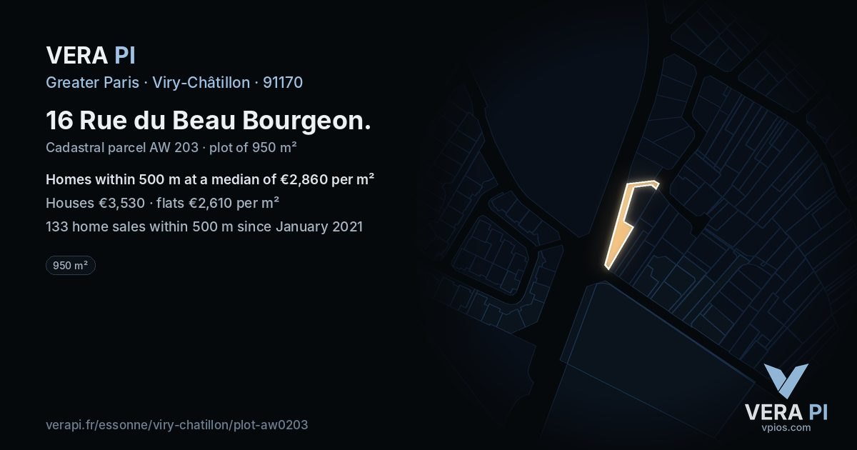 16 Rue du Beau Bourgeon, Viry-Châtillon at night – the plot lit, the parcels around coloured by the prices near them