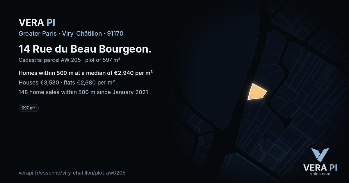 14 Rue du Beau Bourgeon, Viry-Châtillon at night – the plot lit, the parcels around coloured by the prices near them