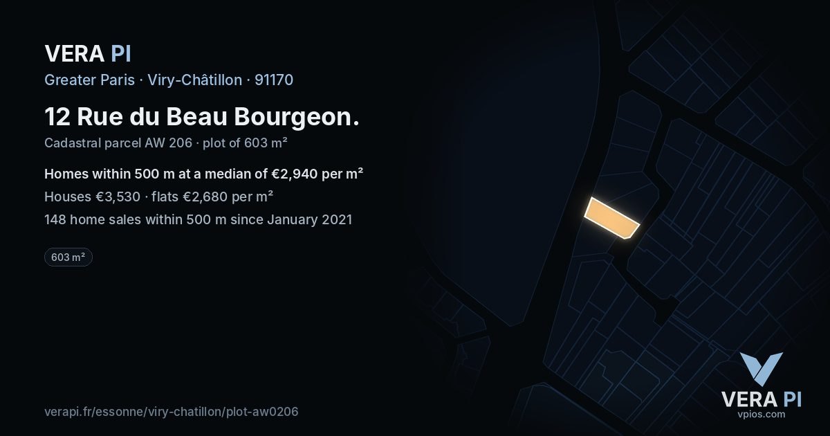 12 Rue du Beau Bourgeon, Viry-Châtillon at night – the plot lit, the parcels around coloured by the prices near them