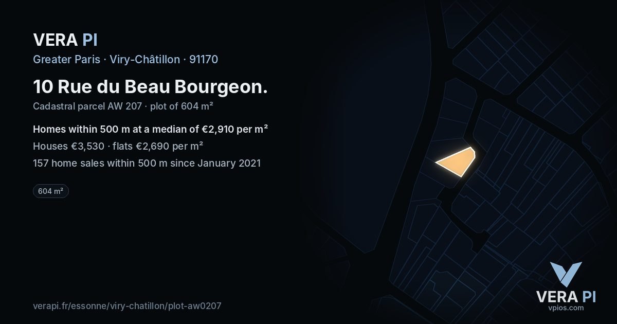 10 Rue du Beau Bourgeon, Viry-Châtillon at night – the plot lit, the parcels around coloured by the prices near them