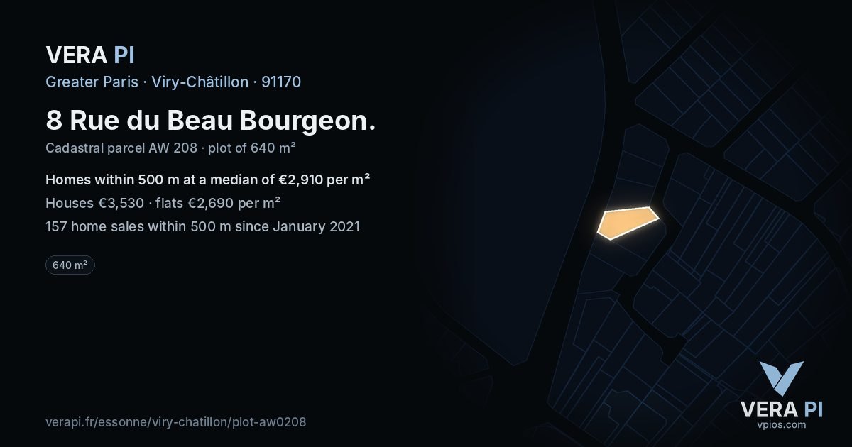 8 Rue du Beau Bourgeon, Viry-Châtillon at night – the plot lit, the parcels around coloured by the prices near them