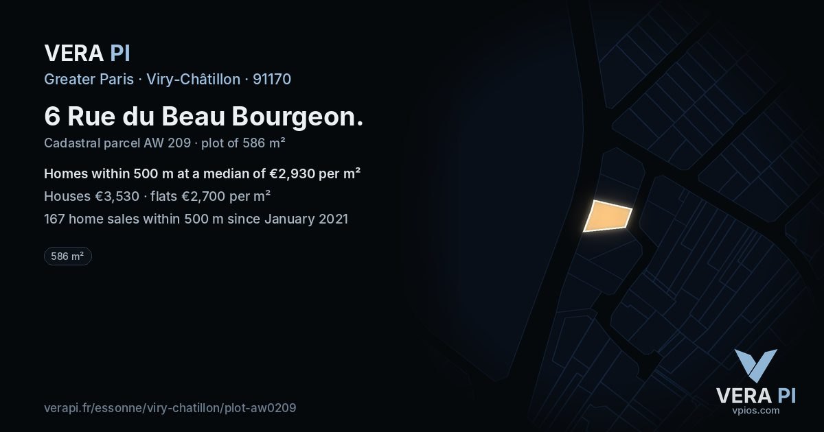 6 Rue du Beau Bourgeon, Viry-Châtillon at night – the plot lit, the parcels around coloured by the prices near them