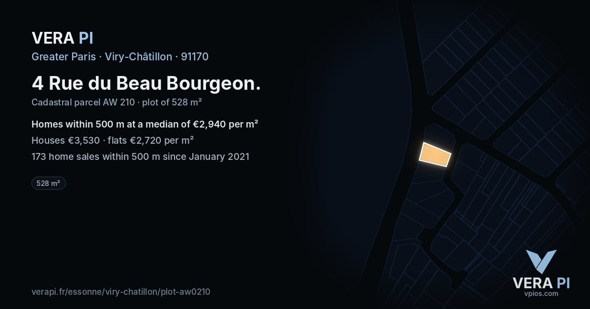 4 Rue du Beau Bourgeon, Viry-Châtillon at night – the plot lit, the parcels around coloured by the prices near them