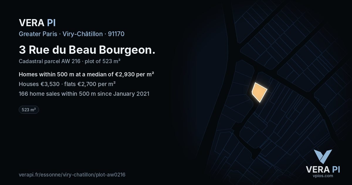 3 Rue du Beau Bourgeon, Viry-Châtillon at night – the plot lit, the parcels around coloured by the prices near them