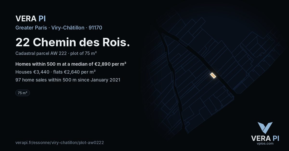 22 Chemin des Rois, Viry-Châtillon at night – the plot lit, the parcels around coloured by the prices near them