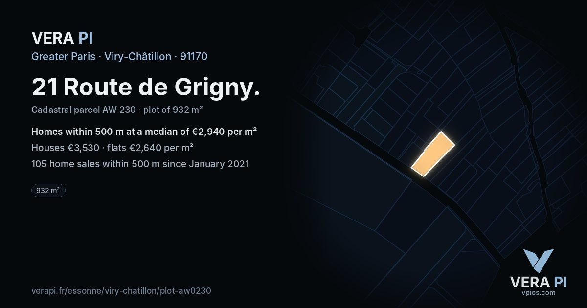 21 Route de Grigny, Viry-Châtillon at night – the plot lit, the parcels around coloured by the prices near them