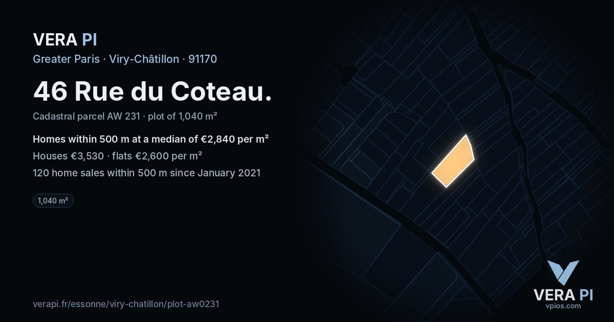 46 Rue du Coteau, Viry-Châtillon at night – the plot lit, the parcels around coloured by the prices near them
