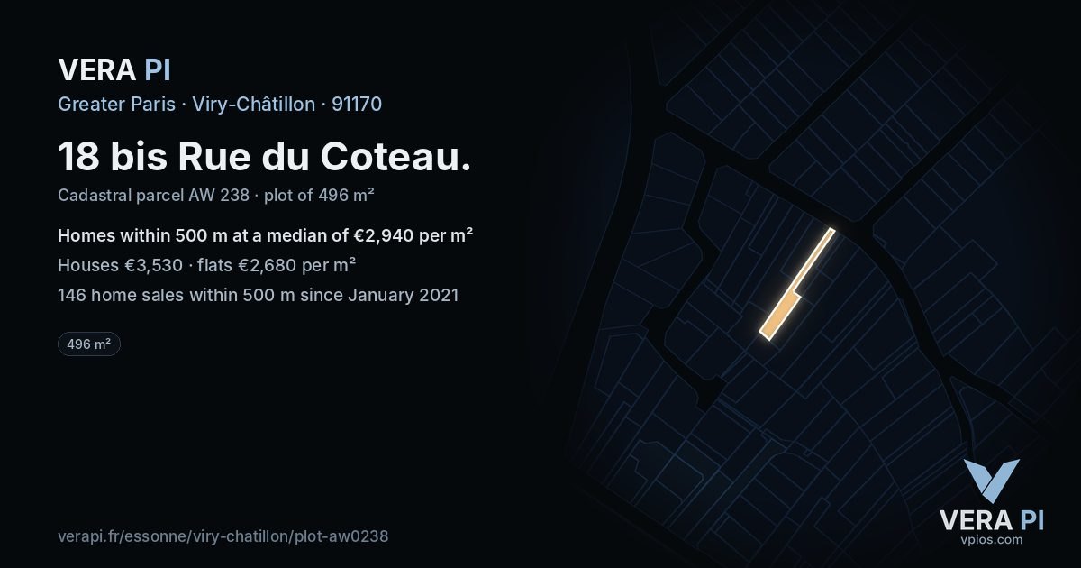 18 bis Rue du Coteau, Viry-Châtillon at night – the plot lit, the parcels around coloured by the prices near them