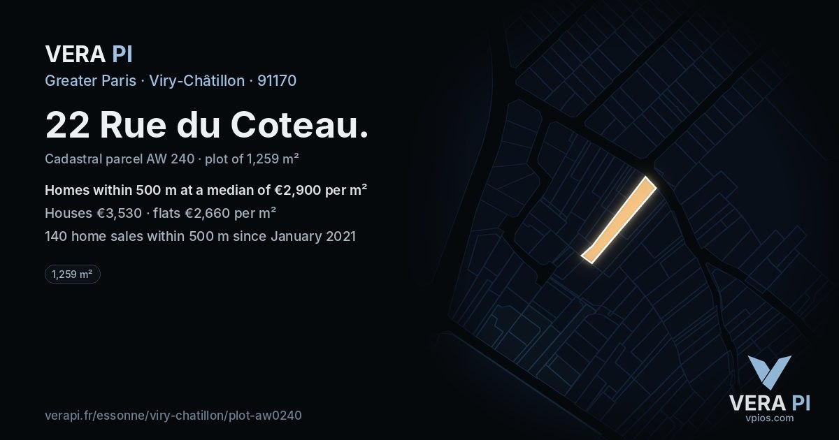 22 Rue du Coteau, Viry-Châtillon at night – the plot lit, the parcels around coloured by the prices near them