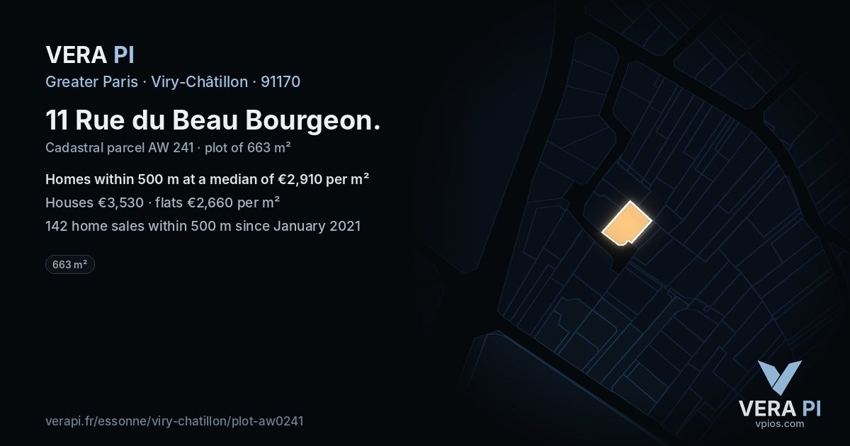 11 Rue du Beau Bourgeon, Viry-Châtillon at night – the plot lit, the parcels around coloured by the prices near them
