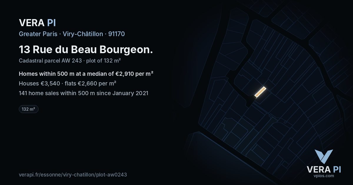 13 Rue du Beau Bourgeon, Viry-Châtillon at night – the plot lit, the parcels around coloured by the prices near them