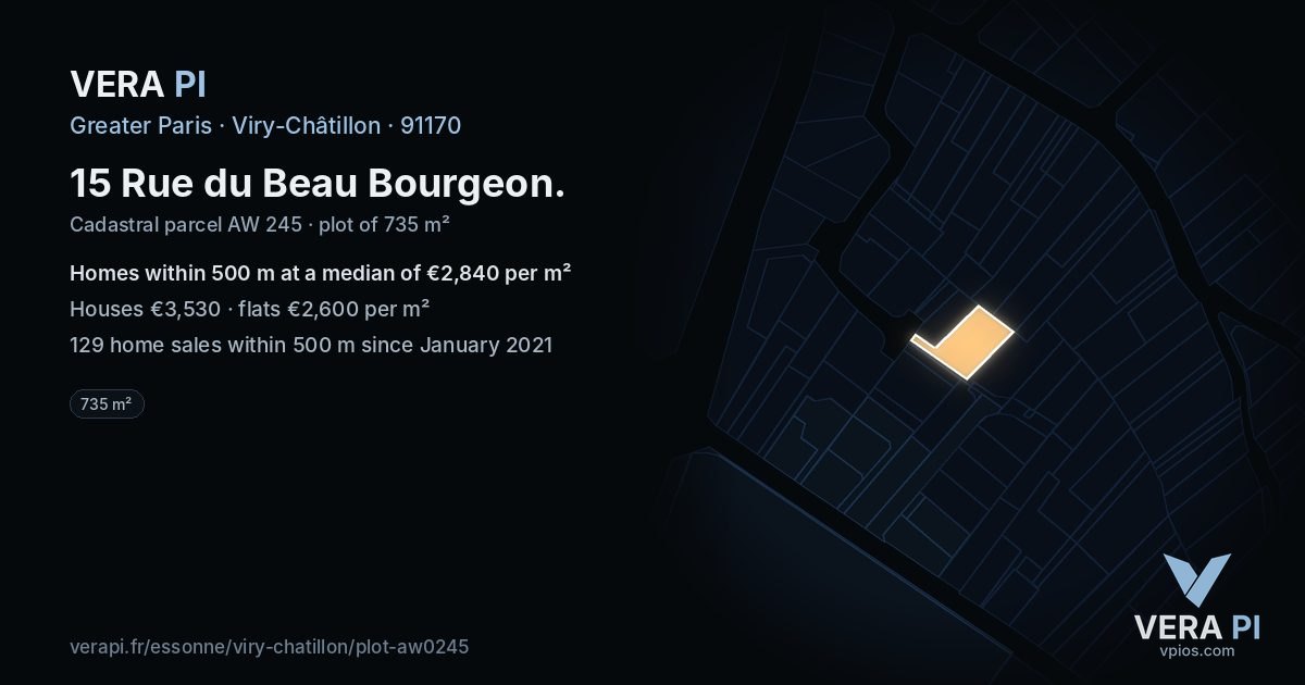 15 Rue du Beau Bourgeon, Viry-Châtillon at night – the plot lit, the parcels around coloured by the prices near them