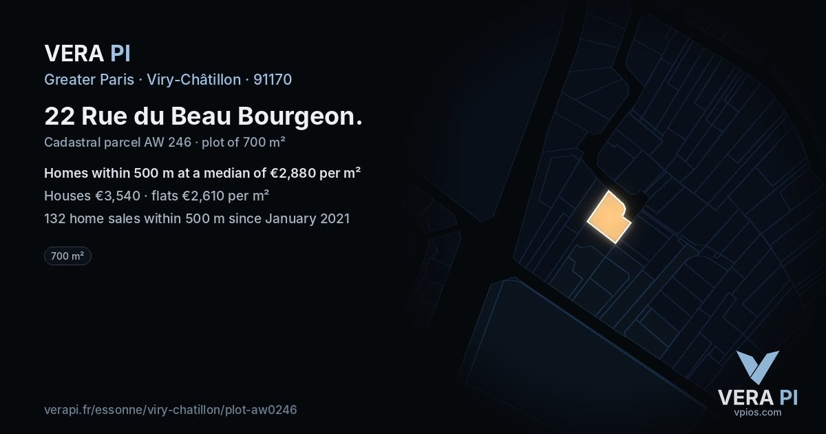 22 Rue du Beau Bourgeon, Viry-Châtillon at night – the plot lit, the parcels around coloured by the prices near them