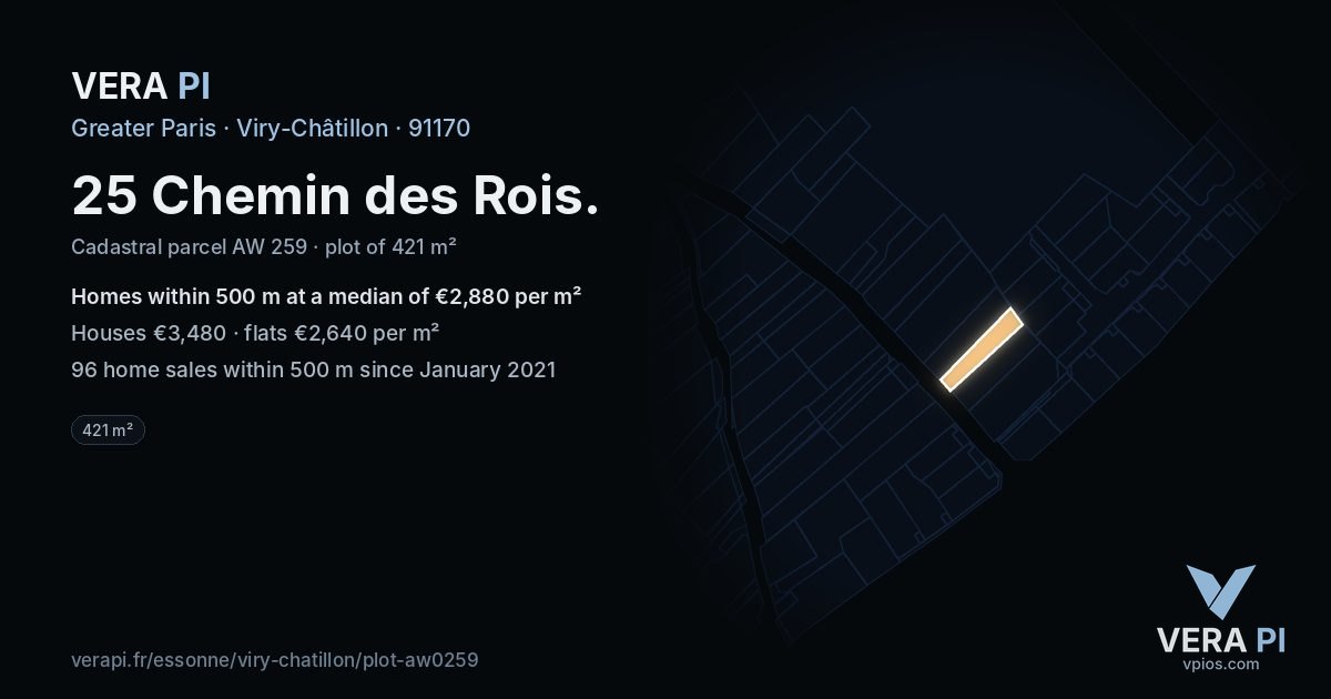 25 Chemin des Rois, Viry-Châtillon at night – the plot lit, the parcels around coloured by the prices near them