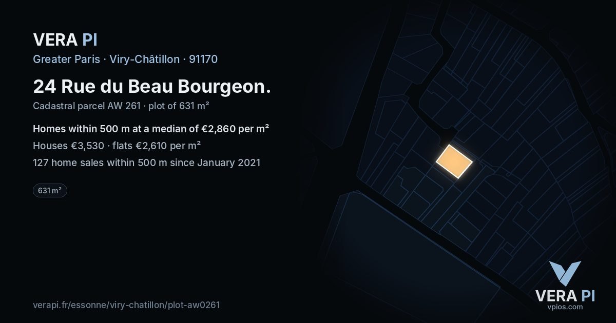 24 Rue du Beau Bourgeon, Viry-Châtillon at night – the plot lit, the parcels around coloured by the prices near them