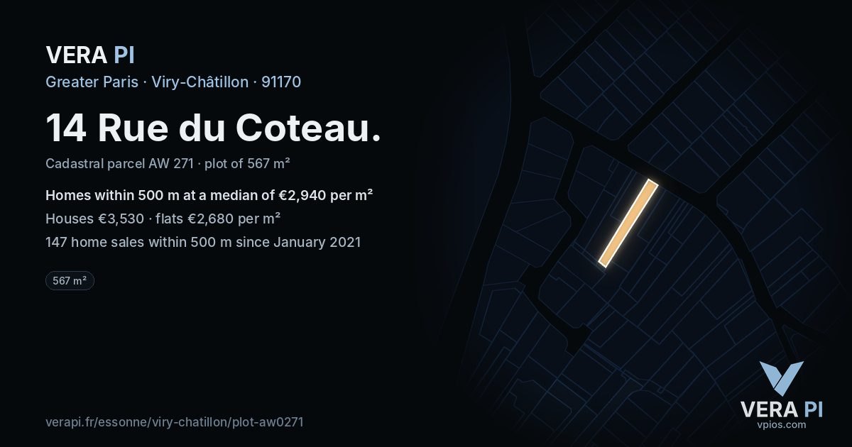 14 Rue du Coteau, Viry-Châtillon at night – the plot lit, the parcels around coloured by the prices near them