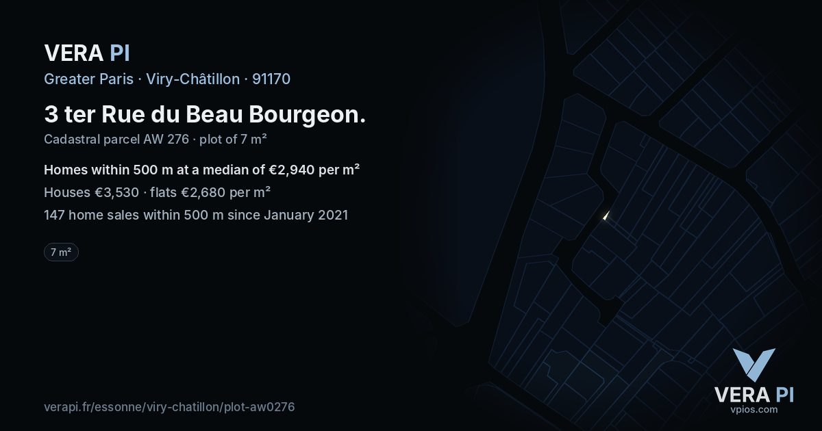 3 ter Rue du Beau Bourgeon, Viry-Châtillon at night – the plot lit, the parcels around coloured by the prices near them